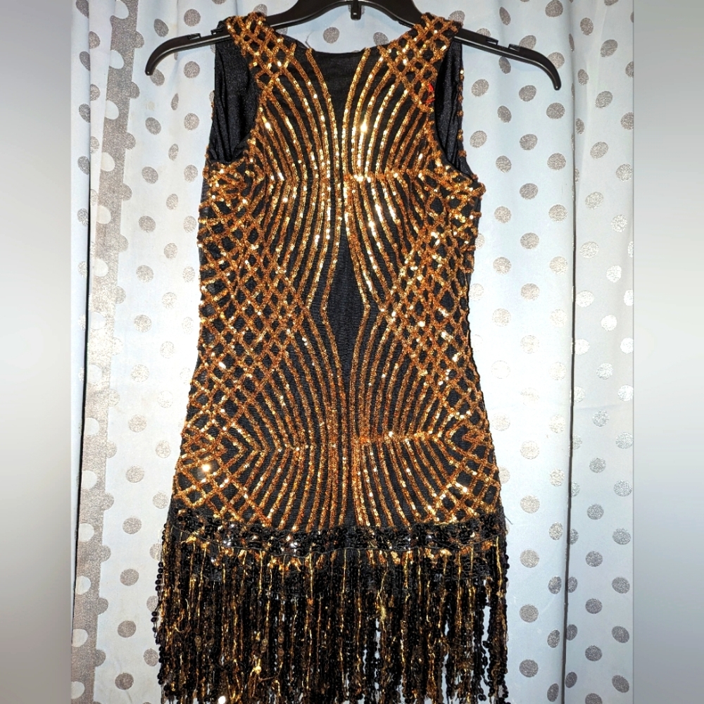 Sequin Fringe Bodysuit Dress - Black & Gold